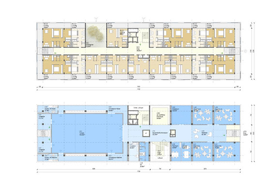 Unten: Grundriss 1. Obergeschoß mit LISA JUNIOR International School (blau). Oben: Grundriss Regelgeschoß mit Wohnungen und vertikalen Gärten. © SWA